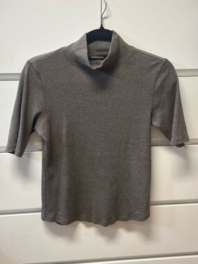 Tahari short Mock Neck Knit Top in brown heather.